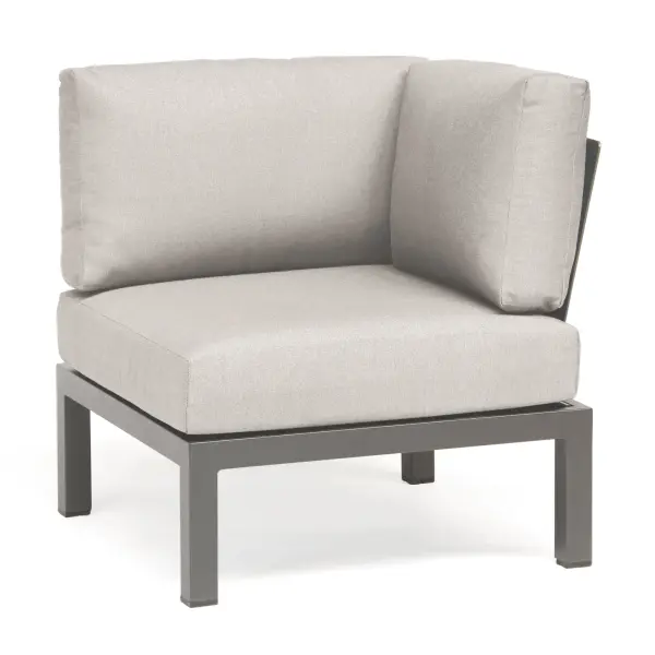 The Elba Comfort 90° Corner Chair combines durable aluminum construction with weather-resistant Sunbrella cushions, offering flexible modular seating for patios. Features integrated levelers and replaceable foot caps for longevity.