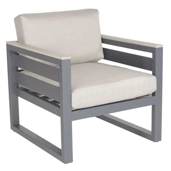 The Elba Comfort Lounge Chair combines sleek modern design with exceptional outdoor durability. Featuring powder-coated aluminum construction, wood-grain Therma-Luxe armrests, and fade-resistant Sunbrella cushions for year-round comfort.
