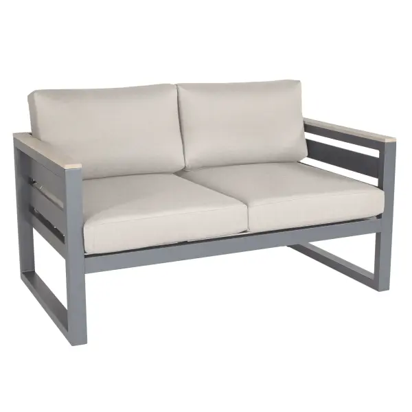 A robust powder coated aluminum frame with elegant FSC certified teak armrests, and 100% Sunbrella cushion fabric. This beautiful loveseat is weather resistant with integrated floor levelers and replaceable foot caps to ensure stability and longevity. Mix and match the Elba Comfort Collection pieces to create the perfect combination for your patio space. All aluminum powder coated frames with stainless steel hardware Solid FSC certified Teak armrests add both elegance and style 100% Acrylic (Sunbrella) cushion fabric for optimal weather resistance and color fastness Durable, all-weather frame and fabric construction Integrated floor levelers to counteract unlevel surfaces Replaceable foot caps prolong the life of the products Cushion Color: Cast Silver Frame Color: Charcoal
