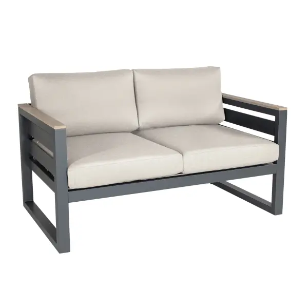 The Elba Comfort Loveseat combines powder-coated aluminum durability with elegant wood-grain accents and premium Sunbrella cushions. Built for outdoor living with weather-resistant construction, integrated levelers, and replaceable components.