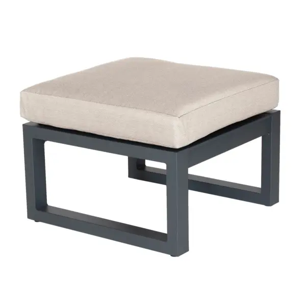 The Elba Comfort Ottoman combines durable aluminum construction with premium Sunbrella cushioning for long-lasting outdoor comfort. Features integrated floor levelers and replaceable foot caps for extended life.