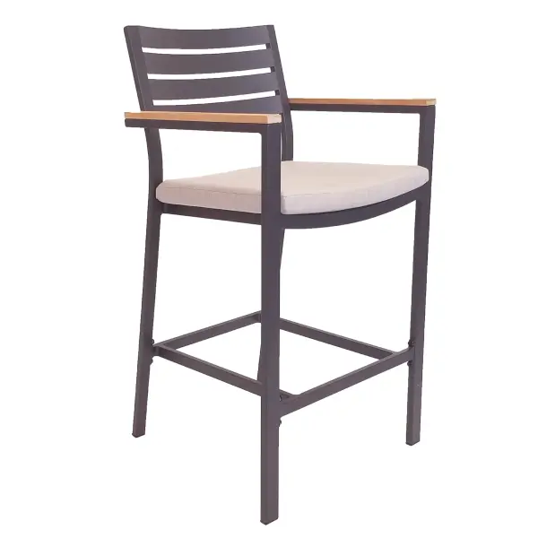 The Elba Bar Chair combines rustproof aluminum construction with FSC-certified teak armrests and Sunbrella cushioning. Lightweight yet durable, it's designed for all-weather outdoor use with minimal maintenance required.