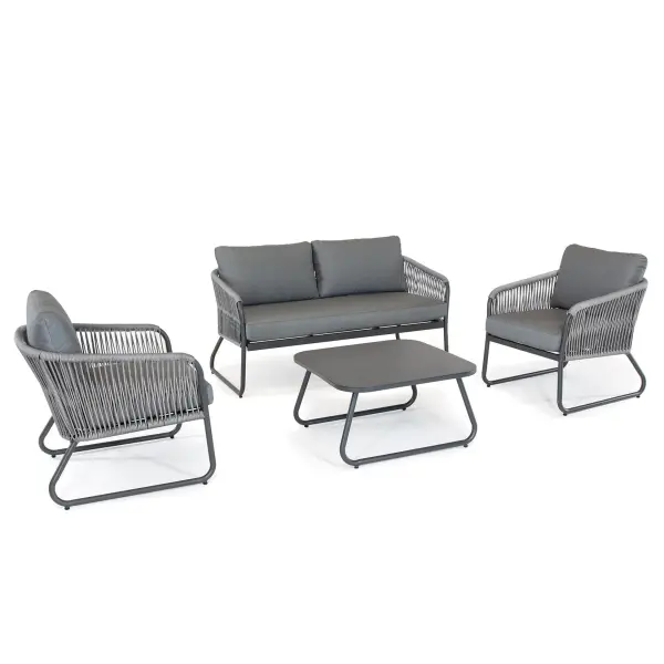 The Kingston lounge set delivers modern style and comfort in a space-efficient design. Featuring powder-coated aluminum frames, UV-stabilized rope weaving, and Sunbrella fabric cushions for superior weather resistance. - alternate view