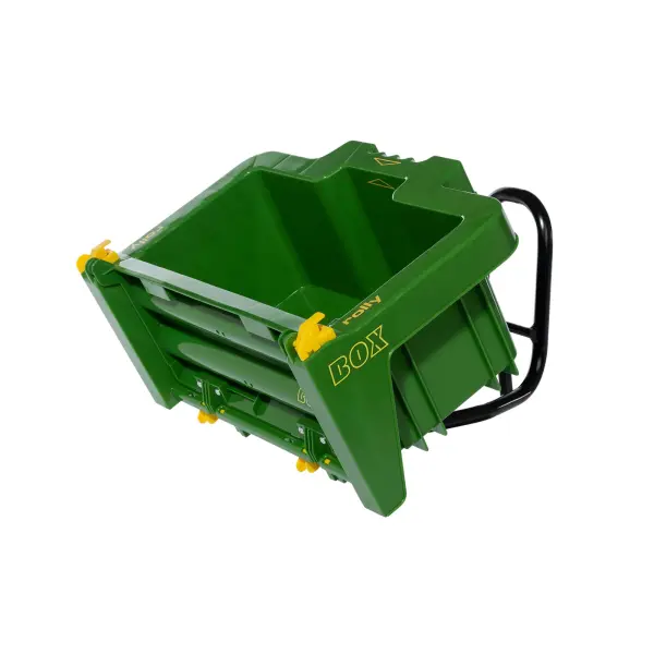 This German-made toy trailer attachment offers realistic play features including a tiltable bed, detachable tailgate, and 25 lb hauling capacity. Designed for children ages 3-10, it attaches easily to compatible toy vehicles. - alternate view