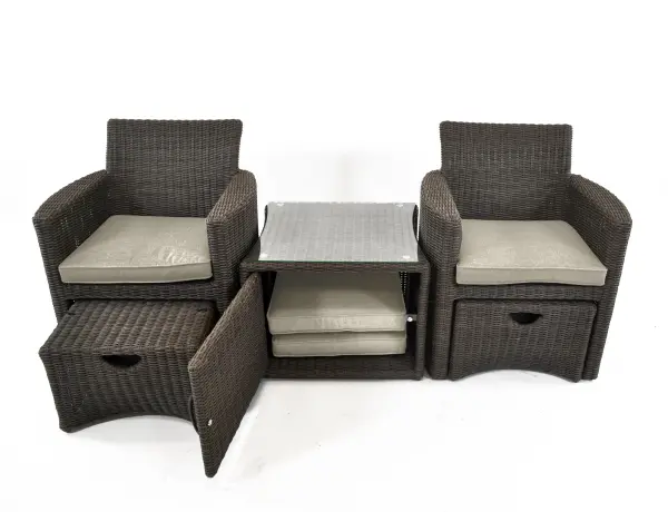 The Cupido Set delivers premium comfort in a space-saving design. Handwoven weatherproof wicker, hidden storage ottomans, and Sunbrella cushions make this ideal for balconies and small patios seeking style and function. - alternate view