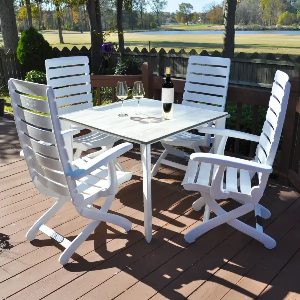 The Tiffany 5-Piece Polytec Dining Set combines German craftsmanship with weather-resistant materials for year-round outdoor dining. Features four 16-position reclining chairs and a scratch-resistant HPL table.