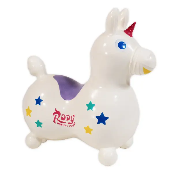 The Rody Magical Unicorn combines imaginative play with physical development. Made in Italy from durable, latex-free vinyl, it supports up to 100 lbs while helping children develop balance and coordination through active bouncing.
