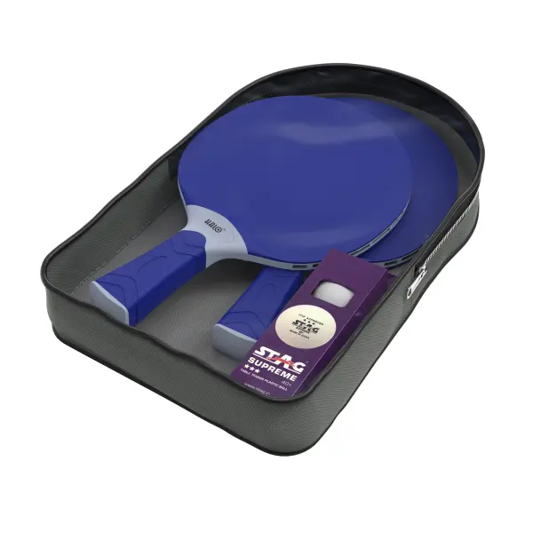 Complete 2-player outdoor table tennis accessory set featuring weatherproof K2 resin racquets with smooth rubber surfaces and ergonomic handles. Includes 3 outdoor balls for immediate play in any weather condition.