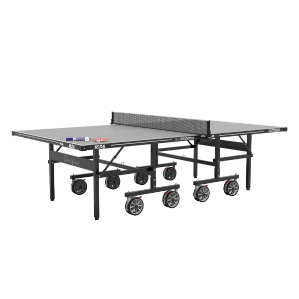 Professional-grade outdoor table tennis table featuring weatherproof PRO-TEC4 technology, anti-glare playing surface, and complete 4-player bundle. Quick assembly design with included tools and premium net set.