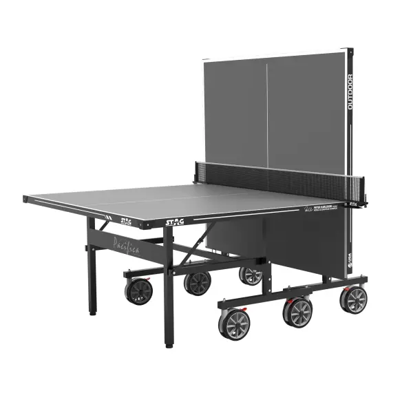 Professional-grade outdoor table tennis table featuring weatherproof PRO-TEC4 technology, anti-glare playing surface, and complete 4-player bundle. Quick assembly design with included tools and premium net set. - alternate view