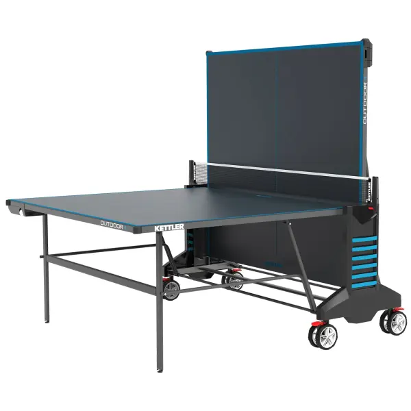 The KETTLER OUTDOOR 4 delivers tournament-quality play with weatherproof construction. Features include KETT-TEC5 true bounce surface, one-hand folding mechanism, permanent net system, and playback mode for solo practice. - alternate view