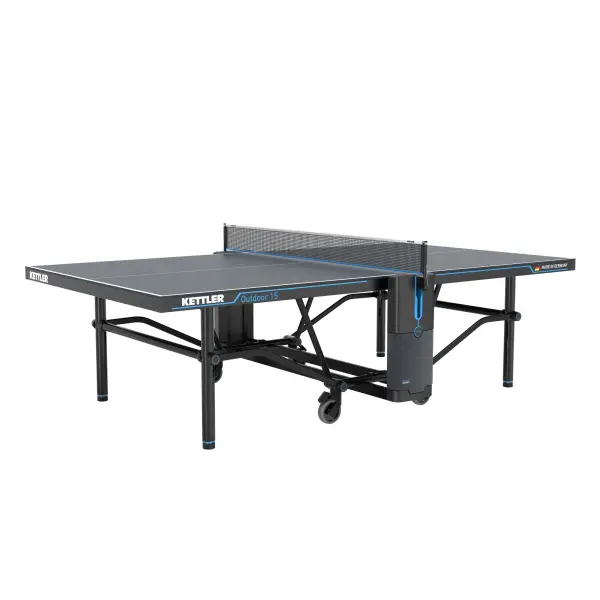 The KETTLER OUTDOOR 15 combines heavy-duty construction with weatherproof performance. Features include a proprietary KETT-TEC10 composite top for true ball bounce, centerfold safety design, and 95% pre-assembly for quick setup.