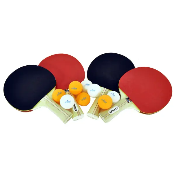 This comprehensive accessory set includes 4 paddles and 8 balls, ideal for both singles and doubles play. Features beginner-friendly 1.5mm sponge padding for excellent control and ergonomic concave handles for comfortable extended gameplay. - alternate view