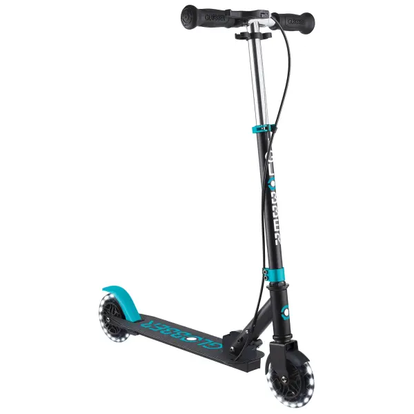 The Flow Jr. Lights Scooter combines durability with excitement, featuring battery-free LED wheels that light up as kids ride. Built with a reinforced aluminum deck, adjustable T-bar, and easy folding system. - alternate view