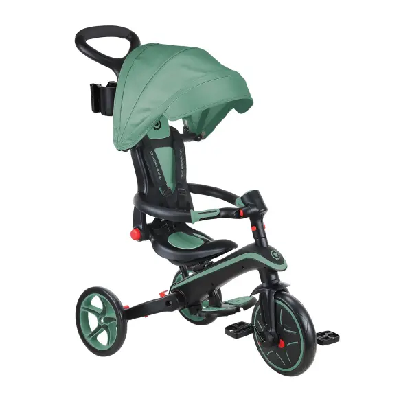 The Explorer Trike transforms seamlessly through four developmental stages, from infant trike to balance bike, serving children ages 10 months to 5 years. Features patented folding system, tool-free assembly, and parent steering controls.
