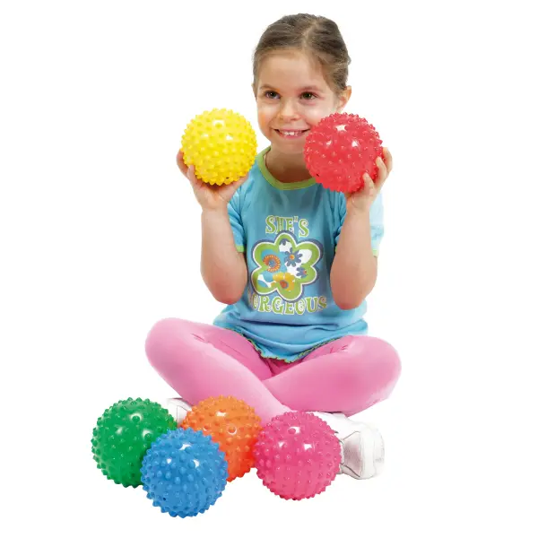 Italian-made sensory ball set featuring raised bumps for enhanced grip and manipulation. Ideal for children 3+ and therapeutic applications, these 4.75-inch balls promote motor skills and cognitive development. - alternate view