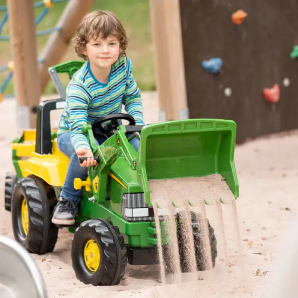 High-quality pedal tractor with functional loader and backhoe for ages 3-8. Features adjustable seat, opening hood, whisper-quiet tires, and robust German construction. Perfect for imaginative outdoor play. - alternate view
