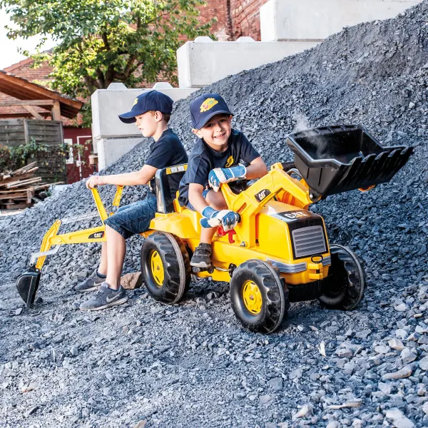 This German-made CAT pedal tractor delivers authentic construction play with fully functional front loader and backhoe. Features adjustable seating, opening hood, and durable oversized resin tires perfect for outdoor use. - alternate view