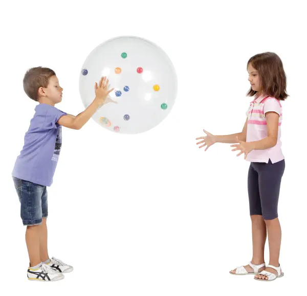 A 20-inch transparent activity ball with colorful internal balls that enhance spatial perception and eye mobility. Ideal for therapeutic play and sensory development in children and special needs applications. - alternate view