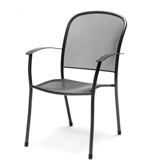 The Caredo stackable arm chair combines traditional elegance with modern durability. Featuring proprietary Electrotherm coating that resists scratching and fading while staying cooler to touch, this steel mesh chair offers ergonomic comfort and space-saving storage.
