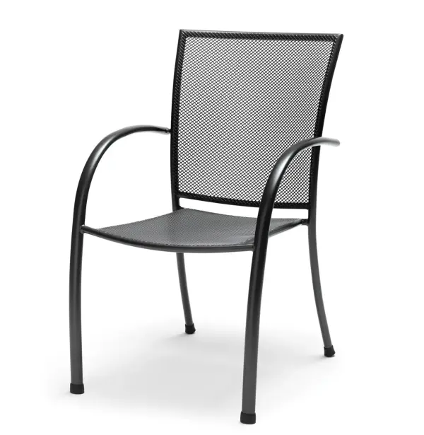 The Pilano wrought iron arm chairs combine contemporary design with exceptional durability. Featuring proprietary Electrotherm coating that resists fading and stays cooler to touch, these stackable chairs offer comfort and space-saving storage.