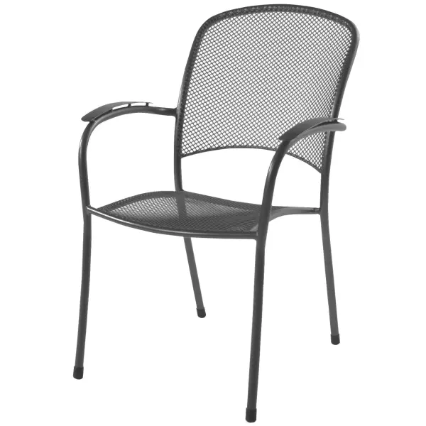 The Carlo stackable arm chair combines weather-resistant metal mesh construction with ergonomic comfort. Features proprietary Electrotherm coating that resists fading and stays cooler to the touch, making it ideal for outdoor dining.