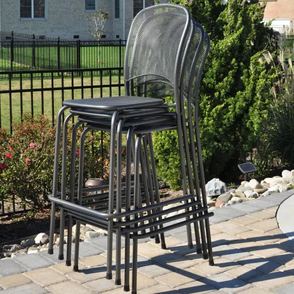 The Carlo Bar Set combines contemporary design with commercial-grade durability. Features proprietary Electrotherm coating that resists fading and stays cooler in sun. Mesh construction provides ventilated, quick-drying seating ideal for outdoor entertaining. - alternate view