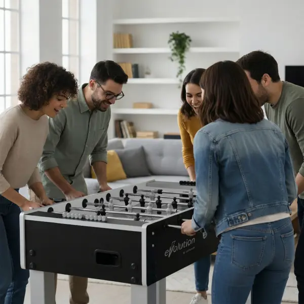 The Garlando G-500 Evolution 2.0 Indoor Foosball Table has excellent stability and outstanding playability characteristics, while also boasting a stylish, ultramodern design. The 1-inch thick MDF cabinet has melamine laminate providing a clean, elegant look as well as protection against scratches and dings. Heavy-duty 4" x 4" steel legs provide impressive stability and have a powder-coated finish that is highly scratch resistant. Steel ball bearings ensure smooth action and greatly improve the game speed while reducing stress on the player's wrists. The G-500 Evolution 2.0 is proudly made in Italy and includes leg levelers and 10 white resin balls. Telescoping play rods for added safety Integrated mid-field ball drop Stylish ergonomic rod handles Steel roller bearings for smooth rod action Unbreakable players are molded directly to the player rods Abacus scorekeepers Large powder-coated steel legs Thick PVC banding on the cabinet edges Side and corner ramps to keep ball in play Ten (10) resin balls included Made in Italy - alternate view