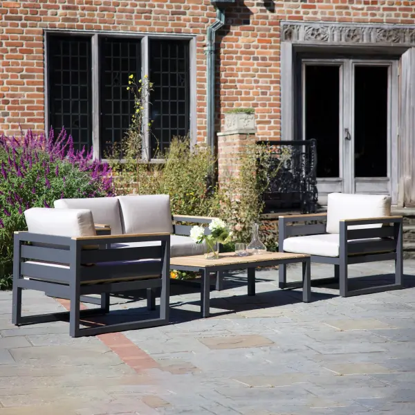 Experience the ultimate comfort and style of the Elba Comfort Lounge Set. A robust powder coated aluminum frame with elegant FSC certified teak armrests, and 100% Sunbrella cushion fabric. This beautiful set is weather resistant with integrated floor levelers and replaceable foot caps to ensure stability and longevity. Mix and match the Elba Comfort Collection pieces to create the perfect combination for your patio space. All aluminum powder coated frames with stainless steel hardware Solid FSC certified Teak armrests add both elegance and style 100% Acrylic (Sunbrella) cushion fabric for optimal weather resistance and color fastness Durable, all-weather frame and fabric construction Integrated floor levelers to counteract unlevel surfaces Replaceable foot caps prolong the life of the products Cushion Color: Cast Silver Frame Color: Charcoal