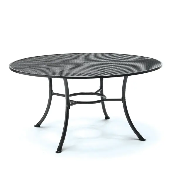 This 60-inch round table features KETTLER's exclusive Electrotherm coating technology, offering superior durability and heat resistance. The fully-welded steel construction with mesh top provides excellent drainage and stability for outdoor dining.
