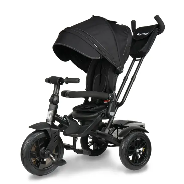 The KETTLER Air Navigator transforms from parent-controlled pushchair to independent trike across 6 modes, serving children from 10 to 72 months. Features include rotating/reclining seat, 5-point harness, UV canopy, and pneumatic wheels.