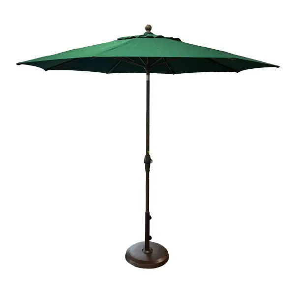 Stay comfortably shaded with the 9' Auto-Tilt Market Umbrella , designed for easy, adjustable sun protection throughout the day. The smooth crank lift with durable steel cable opens the umbrella effortlessly, while the auto-tilt feature lets you angle the canopy as the sun moves. Built with an antique bronze frame, eight sturdy ribs, and solid resin hubs, it offers reliable performance for residential patios and decks. Ideal for tables up to 54", it features a 1.5" pole and is available in Forest Green, Jockey Red, and Navy Blue. Deluxe Auto Tilt Crank Lift (Steel Cable) Threaded Coupling Solid Resin Hubs and Finial Auto Locking Metal Housing 8 Ribs Residential applications Ideal shade coverage: up to 54” tables Auto locking mechanism permits tilt to be used at any desired angle Pole Diameter 1.5" Frame: Antique Bronze Fabrics: Forest Green, Jockey Red and Navy Blue BASE NOT INCLUDED
