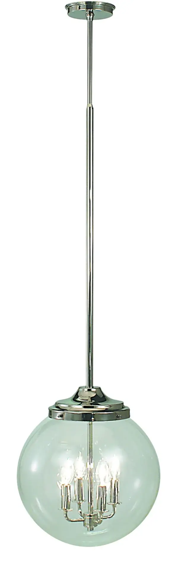 The Moderne 4-Light Pendant combines polished silver metalwork with classic clear glass ball shades for a sophisticated look. Its compact 14-inch width makes it perfect for smaller dining areas and kitchen islands.