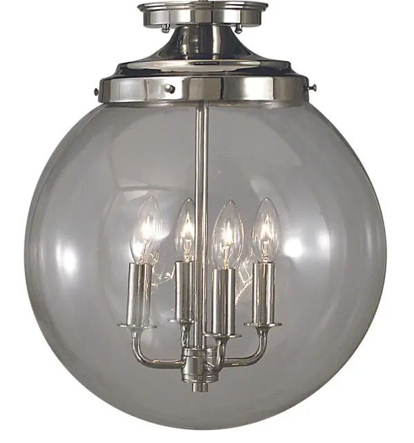 The Moderne 4-Light Flush Mount combines contemporary styling with Art Deco influences, featuring a polished silver finish and clear glass ball accents. Its compact 14-inch diameter makes it ideal for smaller spaces.