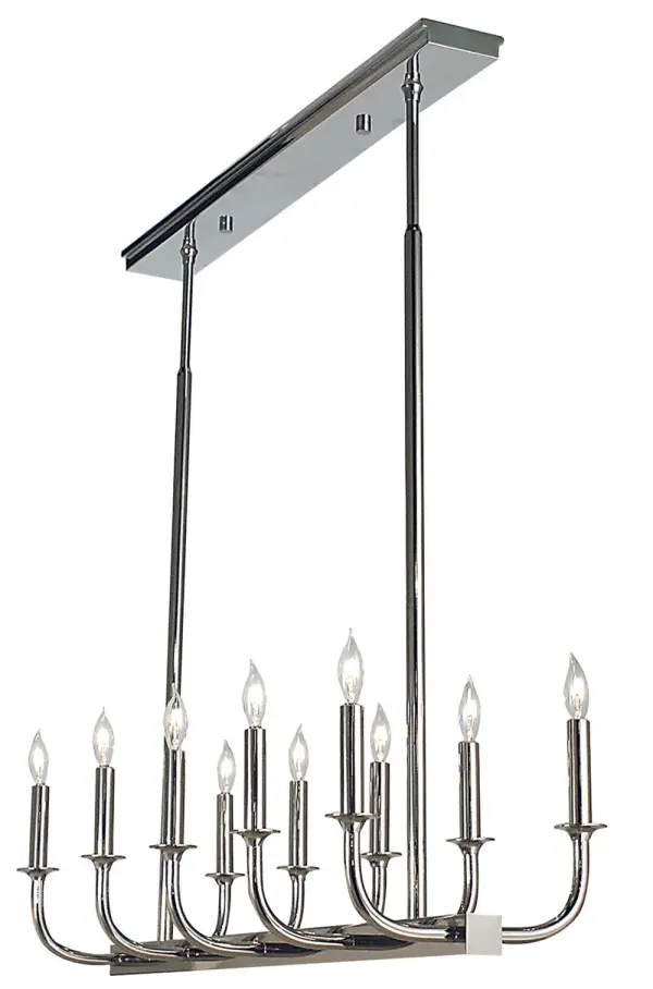 The Moderne 10-Light Chandelier brings contemporary elegance with its slim 11-inch profile and polished silver finish. Ten candle-style lights create dramatic illumination over dining tables or kitchen islands.
