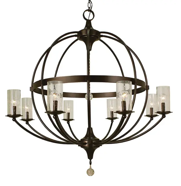 This impressive 8-light foyer chandelier combines traditional elegance with industrial charm. The Mahogany Bronze finish and clear seedy glass cylinders create dramatic visual impact perfect for grand entryways and two-story spaces.
