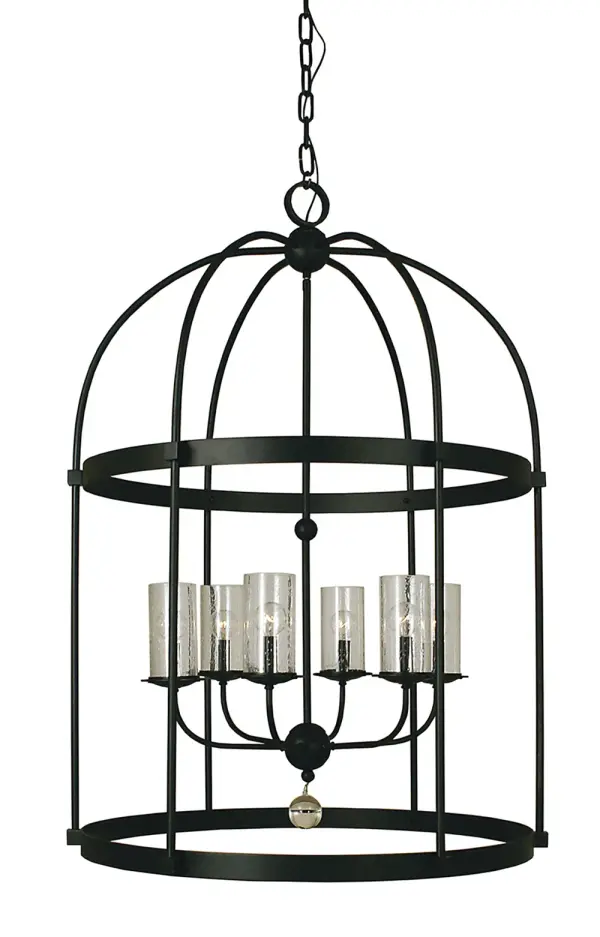 The Compass chandelier combines industrial-inspired matte black metalwork with clear seedy glass cylinders for a sophisticated transitional look. At 30 inches wide and 42 inches tall, this substantial fixture commands attention in two-story foyers and grand spaces.