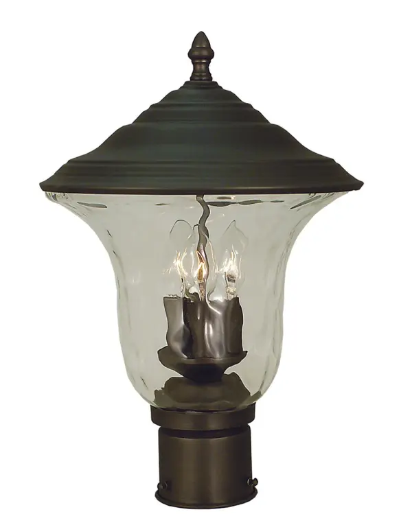 The Hartford 3-Light Post Mount combines timeless traditional styling with durable iron construction. Clear mottled glass shades provide warm ambient lighting while the compact 10.5-inch design fits standard post mounts perfectly.