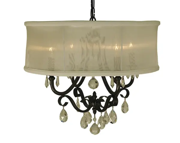 The Liebestraum 4-Light Chandelier combines classic design with warm Mahogany Bronze finish and soft cream shades. At 19 inches wide, it's perfectly sized for medium dining spaces, offering elegant illumination with adjustable chain length.