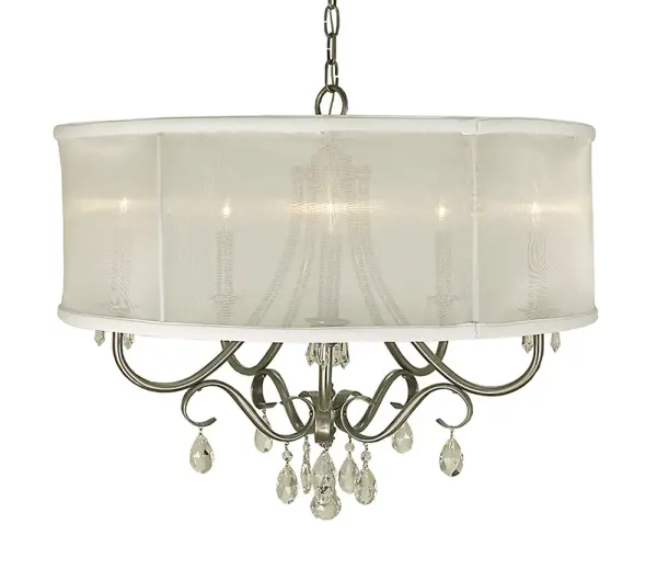 The Liebestraum chandelier combines brushed nickel metalwork with sheer white fabric shades for a sophisticated dining room centerpiece. Its 26-inch width and adjustable chain make it versatile for various ceiling heights.