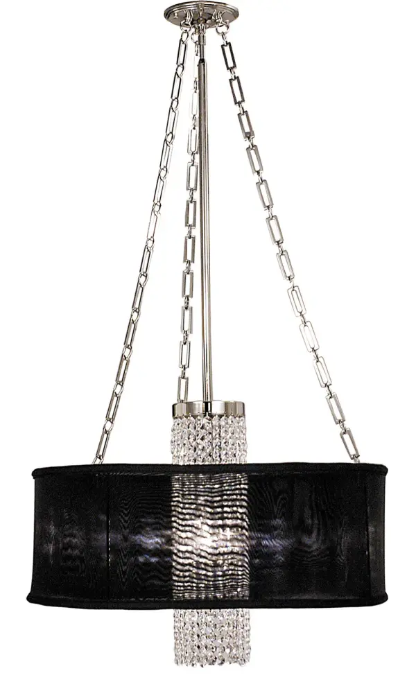 The Angelique chandelier combines polished silver metalwork with a soft white sheer shade, creating sophisticated ambient lighting. Its 24-inch width and adjustable drop make it versatile for various ceiling heights and room sizes.