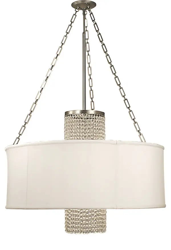 The Angelique chandelier combines polished silver metalwork with a striking 32-inch square sheer white shade, creating a sophisticated focal point for dining spaces. Its substantial size and adjustable height make it versatile for various ceiling configurations.