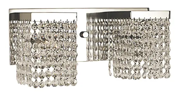 The Gemini sconce combines polished silver metalwork with clear crystal accents for a sophisticated look. Its compact 14.5-inch width makes it ideal for bathrooms, hallways, and bedrooms where refined lighting is desired.