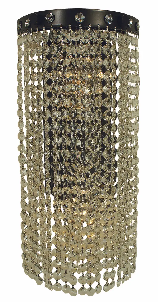 This two-light wall sconce features cascading crystal strands that create a glamorous, shimmering effect. The brushed nickel finish provides a sophisticated backdrop for the crystal elements. Made in the USA with quality craftsmanship.