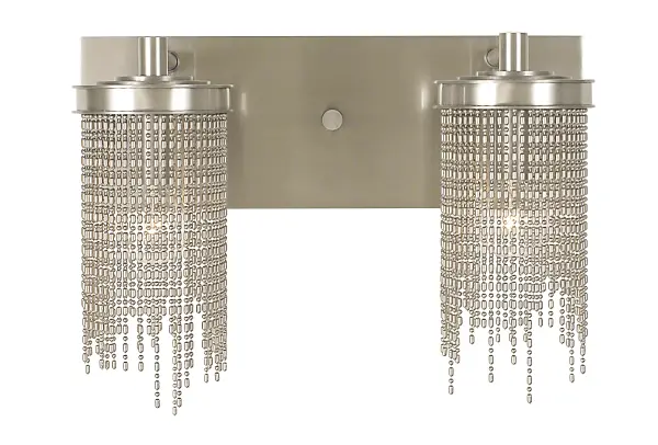 This handcrafted wall sconce features cascading cylinder and sphere beading that creates a soft, glittering effect as light reflects through the design. The brushed nickel finish adds versatility while the dual G16.5 bulbs provide ample illumination.