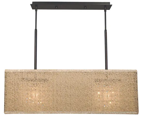 The Chloe Island Chandelier combines industrial mesh shading with transitional styling in a warm Mahogany Bronze finish. Its 33-inch linear design makes it perfect for kitchen islands and dining tables.