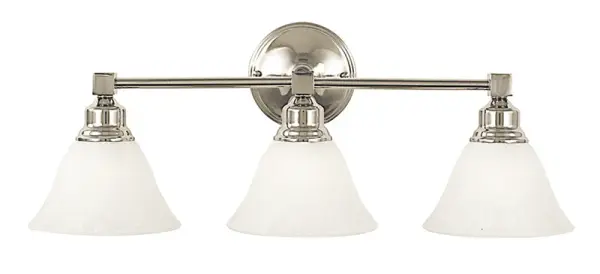 The Taylor sconce combines polished nickel hardware with sophisticated white marble glass shades for a refined lighting solution. Its 24-inch width provides substantial illumination while the transitional design bridges traditional and contemporary aesthetics.