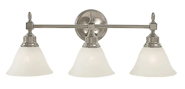 The Taylor sconce combines polished nickel hardware with sophisticated white marble glass shades for a refined look. Its 24-inch width provides substantial illumination while the transitional design adapts to both classic and contemporary interiors.