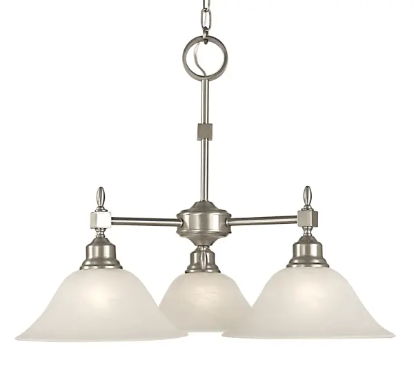 This three-light chandelier showcases clean lines and traditional American design. The brushed nickel finish paired with amber glass creates warm, inviting illumination perfect for intimate dining spaces.