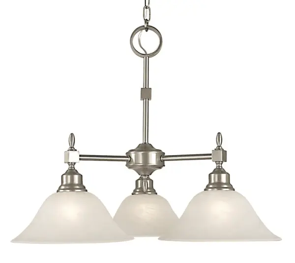 The Taylor Dinette Chandelier combines classic elegance with contemporary simplicity. Its brushed nickel finish and white marble glass shades create a sophisticated look that complements various décor styles while providing ample illumination.